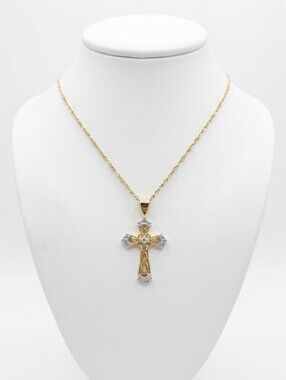 10k Gold Two-Tone Cross Pendant Necklace [18"]